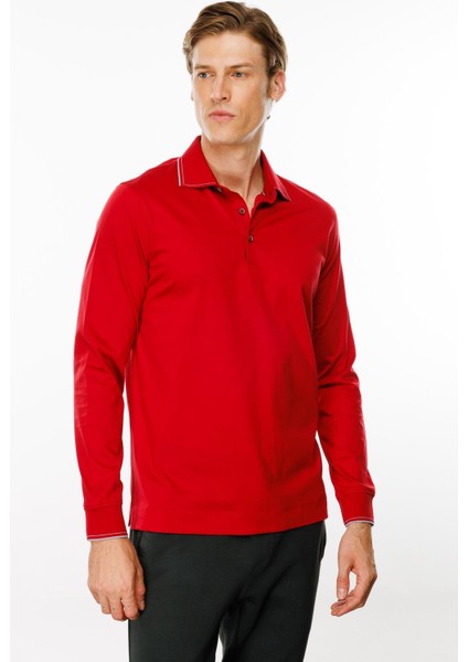 Erkek Polo Yaka Uzun Kollu Sweatshirt Kırmızı modelleri