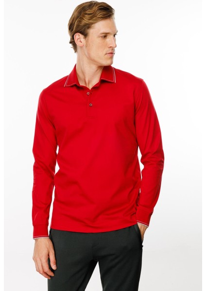 Erkek Polo Yaka Uzun Kollu Sweatshirt Kırmızı fırsatları