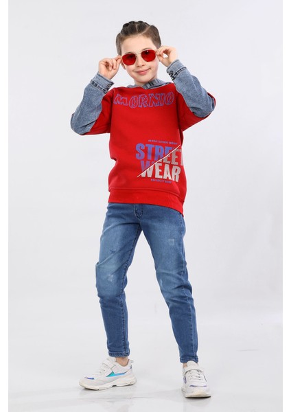 Erkek Çocuk Üç Ip Kot Detaylı Şardonlu Kapüşonlu Sweatshirt Kırmızı MRN7010