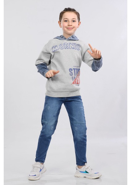 Erkek Çocuk Üç Ip Kot Detaylı Şardonlu Kapüşonlu Sweatshirt Gri MRN7009