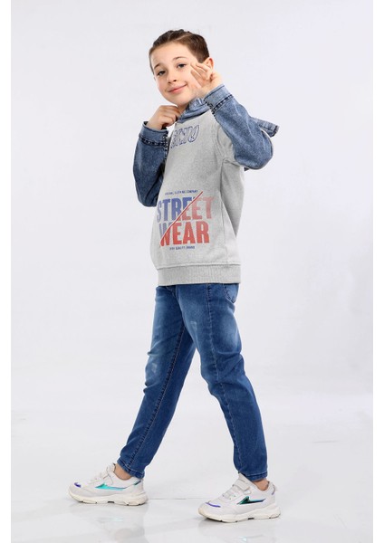 Erkek Çocuk Üç Ip Kot Detaylı Şardonlu Kapüşonlu Sweatshirt Gri MRN7009 fiyatları