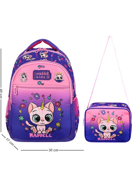 Lisanslı Mor Pembe Kedi Desenli Ilköğretim Kız Çocuk Sırt Çantası ve Beslenme Çantası