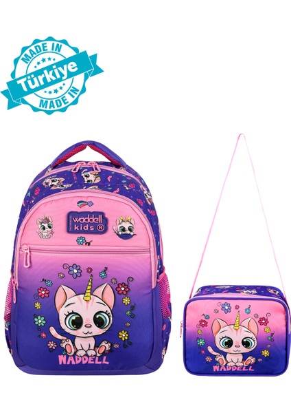 Lisanslı Mor Pembe Kedi Desenli Ilköğretim Kız Çocuk Sırt Çantası ve Beslenme Çantası fiyatları