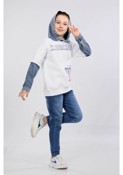 Erkek Çocuk Üç Ip Kot Detaylı Şardonlu Kapüşonlu Sweatshirt Beyaz MRN7010