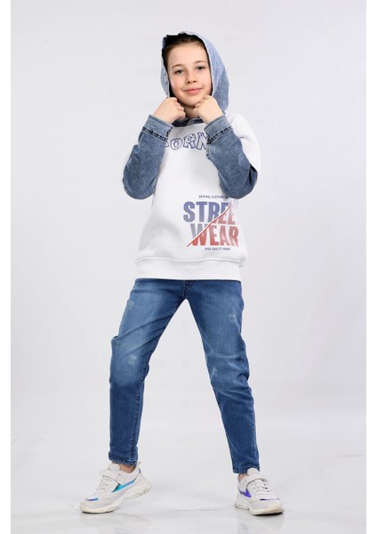 Erkek Çocuk Üç Ip Kot Detaylı Şardonlu Kapüşonlu Sweatshirt Beyaz MRN7010 fiyatları