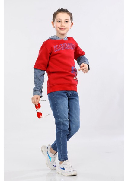 Erkek Çocuk Üç Ip Kot Detaylı Şardonlu Kapüşonlu Sweatshirt Kırmızı MRN7009 fiyatları