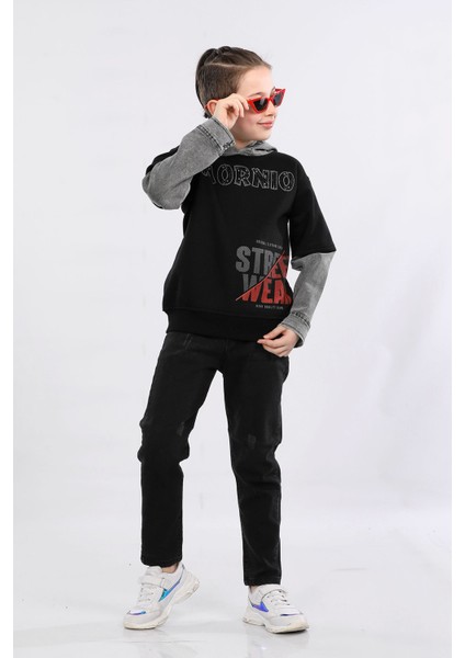 Erkek Çocuk Üç Ip Kot Detaylı Şardonlu Kapüşonlu Sweatshirt Siyah MRN7010
