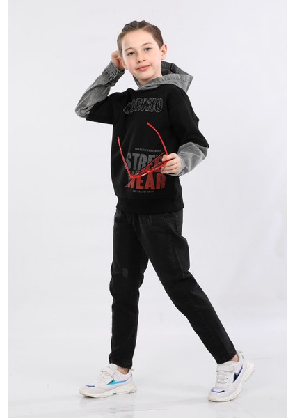 Erkek Çocuk Üç Ip Kot Detaylı Şardonlu Kapüşonlu Sweatshirt Siyah MRN7010 fiyatları