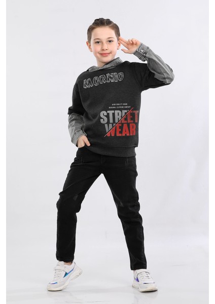 Erkek Çocuk Üç Ip Kot Detaylı Şardonlu Kapüşonlu Sweatshirt Füme MRN7009