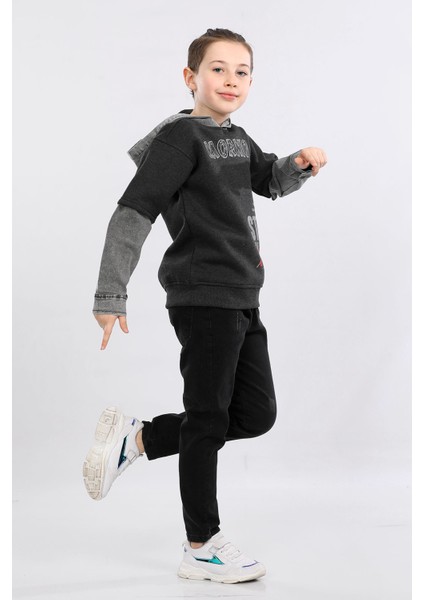 Erkek Çocuk Üç Ip Kot Detaylı Şardonlu Kapüşonlu Sweatshirt Füme MRN7010 fiyatları