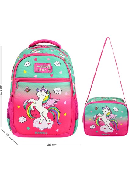 Lisanslı Fuşya Unicorn Desenli Kız Çocuk Ilköğretim Sırt Çantası ve Beslenme Çantası