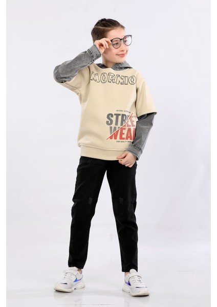 Erkek Çocuk Üç Ip Kot Detaylı Şardonlu Kapüşonlu Sweatshirt Bej MRN7010