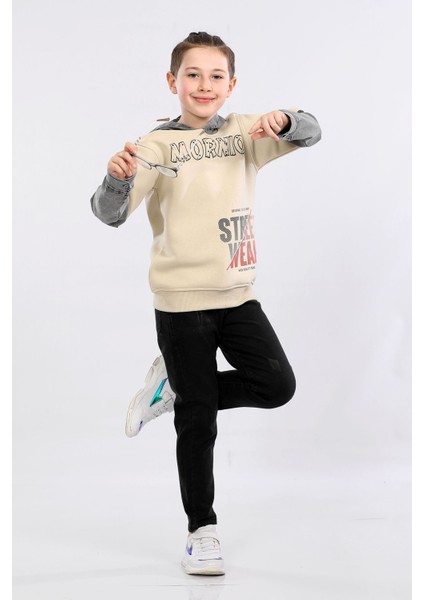 Erkek Çocuk Üç Ip Kot Detaylı Şardonlu Kapüşonlu Sweatshirt Bej MRN7010 fiyatları