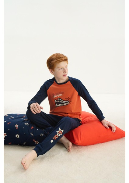 Erkek Çocuk Garson Uzun Kol Turuncu Pijama Takım C4T3N7O8