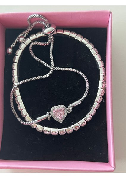 Asansörlü Pembe Kalp Taşlı Gümüş 2 Li Bileklik Seti