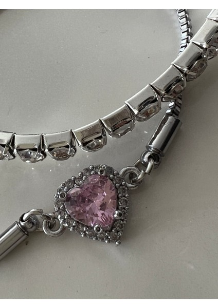 Asansörlü Pembe Kalp Taşlı Gümüş 2 Li Bileklik Seti