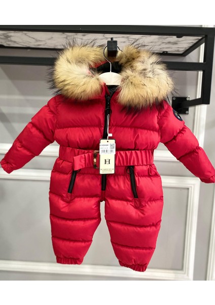 HC Kids Wear Bebek Kozmonot Tulum Kürk Kapşonlu Kırmızı