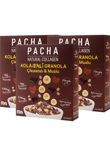NATURAL COLLAGEN Kolajenli Granola Çikolatalı ve Muzlu 3’lü Paket