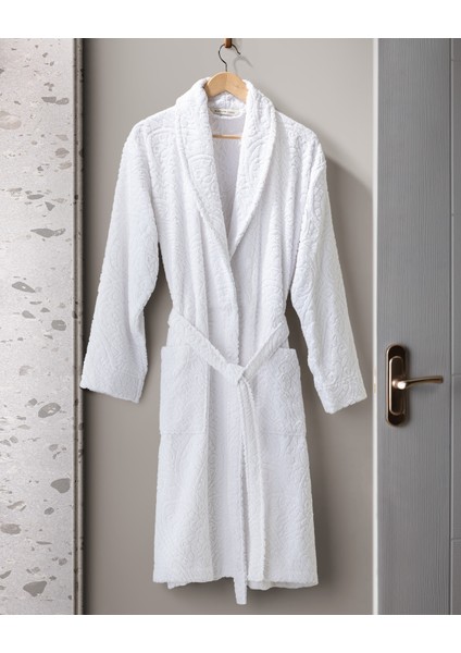 Bernay %100 Pamuk Jakarlı Unisex Şalyaka Bornoz - Beyaz - Natural Koleksiyon