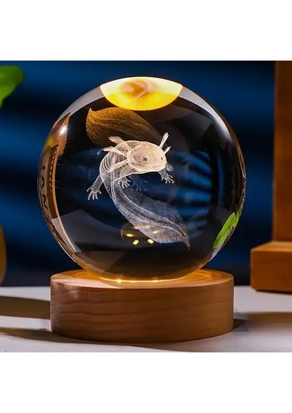 3D LED Işık Cam Küre Tek Renk Gece Lambası Axolotl Mucizevi Yenilenme 8 cm Mega Boy