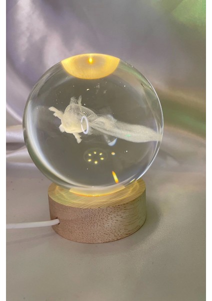 3D LED Işık Cam Küre Tek Renk Gece Lambası Axolotl Mucizevi Yenilenme 8 cm Mega Boy