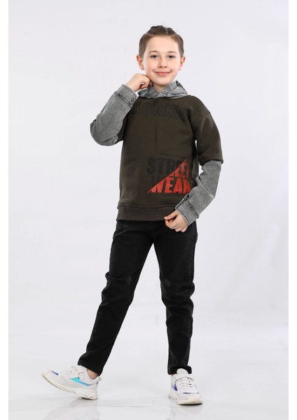Erkek Çocuk Üç Ip Kot Detaylı Şardonlu Kapüşonlu Sweatshirt Haki MRN7009