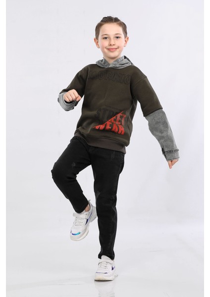Erkek Çocuk Üç Ip Kot Detaylı Şardonlu Kapüşonlu Sweatshirt Haki MRN7009 fiyatları