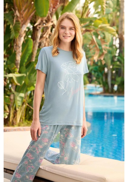 Kadın Ezgi Flexible Kısa Kol Açık Mavi Pijama Takım 0054