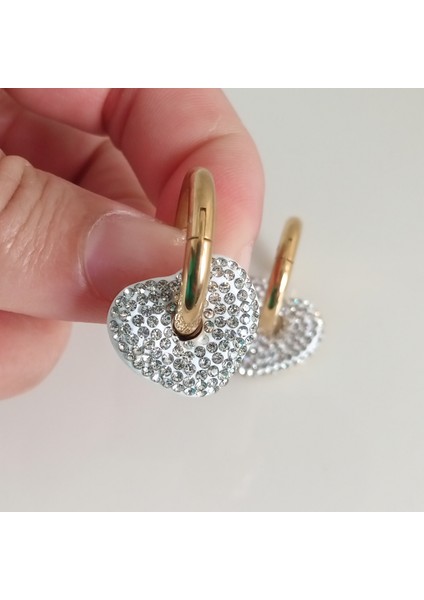 Çelik Gold Zirkon Taşlı Kalp Küpe