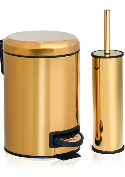 Tekno Trust Elit Ikili Banyo Seti - Gold ( 3lt Çöp Kovası + Tuvalet Fırçası )