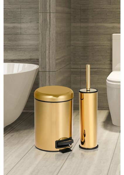 Tekno Trust Elit Ikili Banyo Seti - Gold ( 3lt Çöp Kovası + Tuvalet Fırçası )