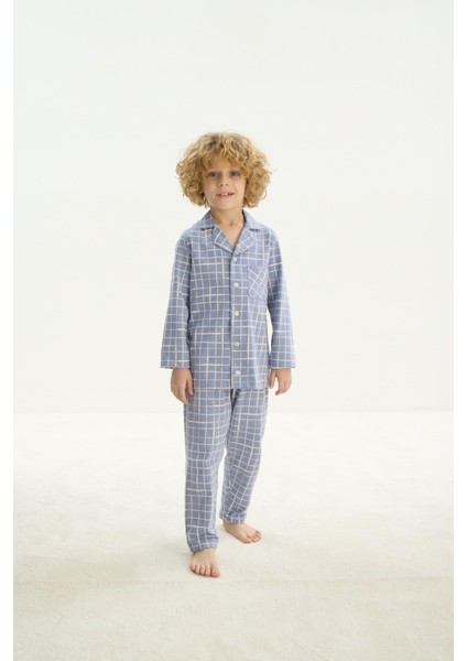 Erkek Çocuk Uzun Kol Önden Düğmeli Mavi Pijama Takım C8T4N7O8 fırsatları