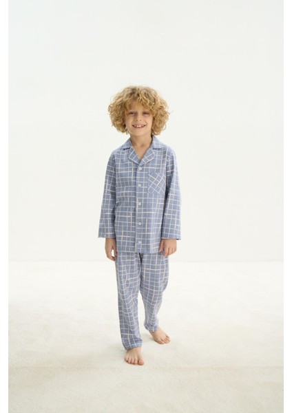 Erkek Çocuk Uzun Kol Önden Düğmeli Mavi Pijama Takım C8T4N7O8 indirimleri