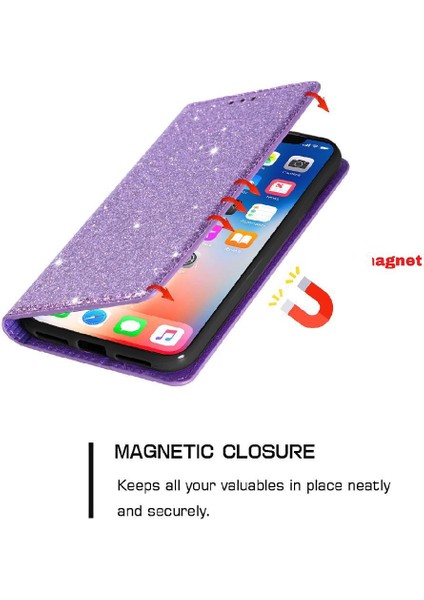IPhone 14 Artı Pu Deri Manyetik Kapatma Kartı Için Glitter Flip Case (Yurt Dışından)