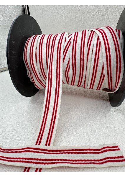 2.5 cm Çizgili Katlanır Dokuma Lastik-5 Metre-(Beyaz/kırmızı)