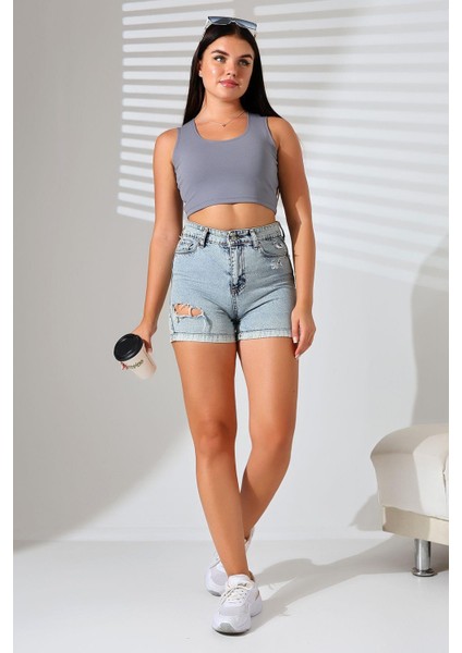 Kadın Askılı Örme Crop Bluz