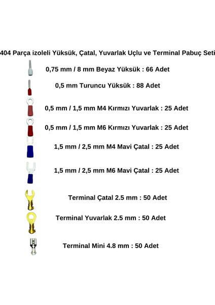 404 Parça Izoleli Yüksük, Çatal, Yuvarlak Uçlu ve Terminal Pabuç Seti