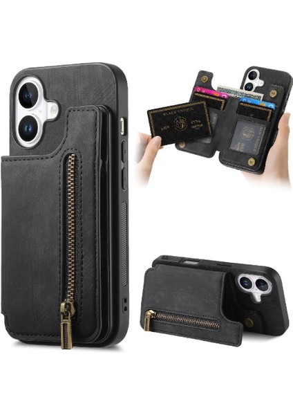 Iphone 16 Için Kılıf Artı Katlanabilir Arka Kapak Vintage Fermuar Cüzdan Standı (Yurt Dışından)