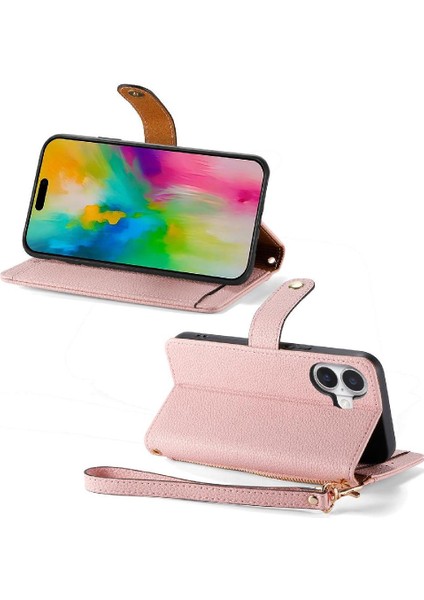Iphone 16 Artı Cüzdan Kordon Aşk Fermuar Deri Kılıf (Yurt Dışından)