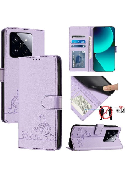 Xiaomi 14 Pro 5g Kart Yuvası Tutucu Için Kickstand Cüzdan Kapak Çevirin Kedi (Yurt Dışından)