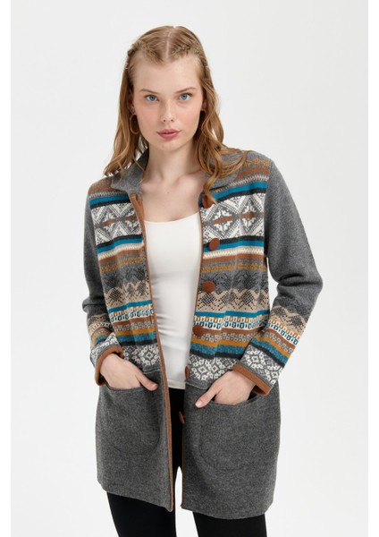 Kadın Polo Yaka Eteği Keçeli Araboy Yün Kaban Füme