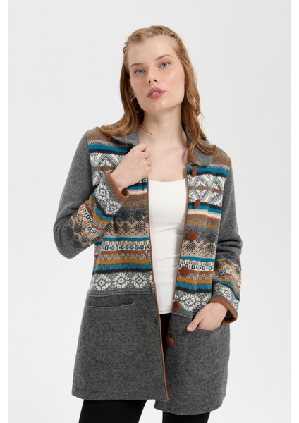 Kadın Polo Yaka Eteği Keçeli Araboy Yün Kaban Füme modelleri