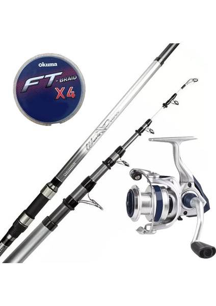 Okuma Surf Kamışı Olta Seti Okuma Wave Power Tele Surf 3.90 cm 100-200 gr 5 Parça Surf Kamışı&okuma ARIA-6000A Painting Silver 1bb Olta Makinesi