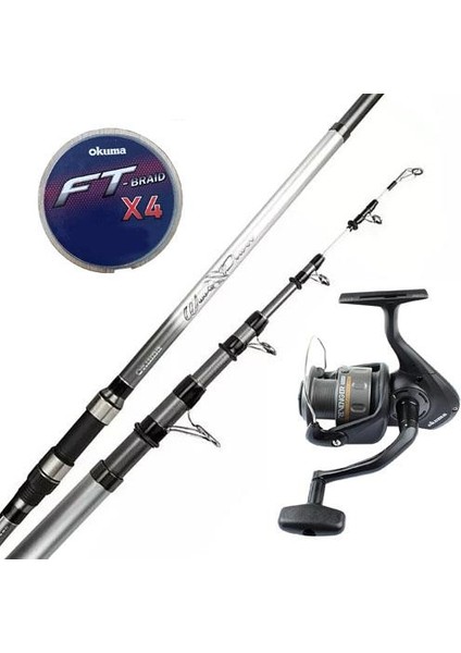 Surf Kamışı Olta Takımı Okuma Wave Power Tele Surf 3.90 cm 100-200 gr 5 Parça Surf Kamışı- Okuma Revenger Rv-65 Fd Olta Makinesi