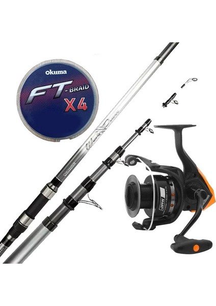 Hazır Olta Seti Okuma Wave Power Tele Surf 3.90 cm 100-200 gr 5 Parça Surf Kamışı&okuma Jaw-55 3+1bb Olta Makinesi