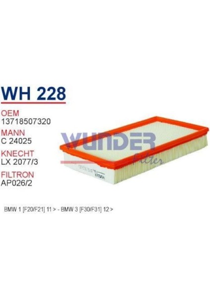 WH228 Hava Filtresi - Bmw 1 [F20/F21] 11 - - Bmw 3 [F30/F