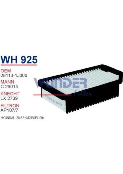 WH925 Hava Filtresi - Hyundai I-20 Ben./dizel 09- Uyumlu