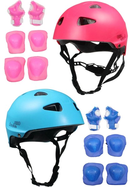 Pembe Mavi 2 Li Çocuk Kask ve Dizlik Dirseklik Seti Spor Koruyucu Donanım Seti Kaykay Bisiklet Scooter Paten Için