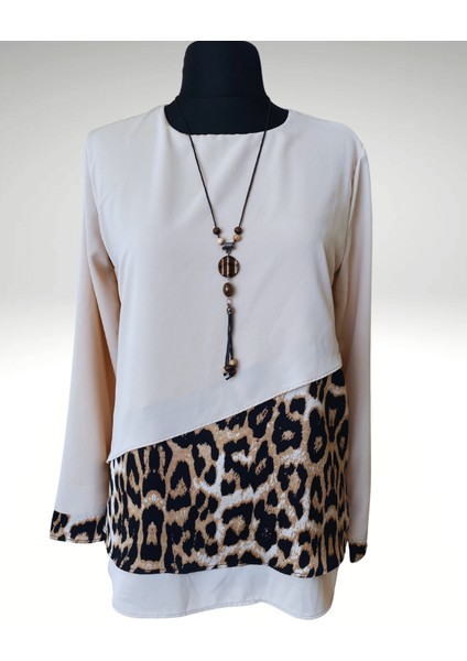 Kadın Siyah Leopar Garnili Kolyeli Geniş Beden Tunik/bluz