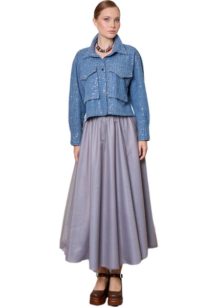 Julianna Beli Lastikli Kloş Tül Etek